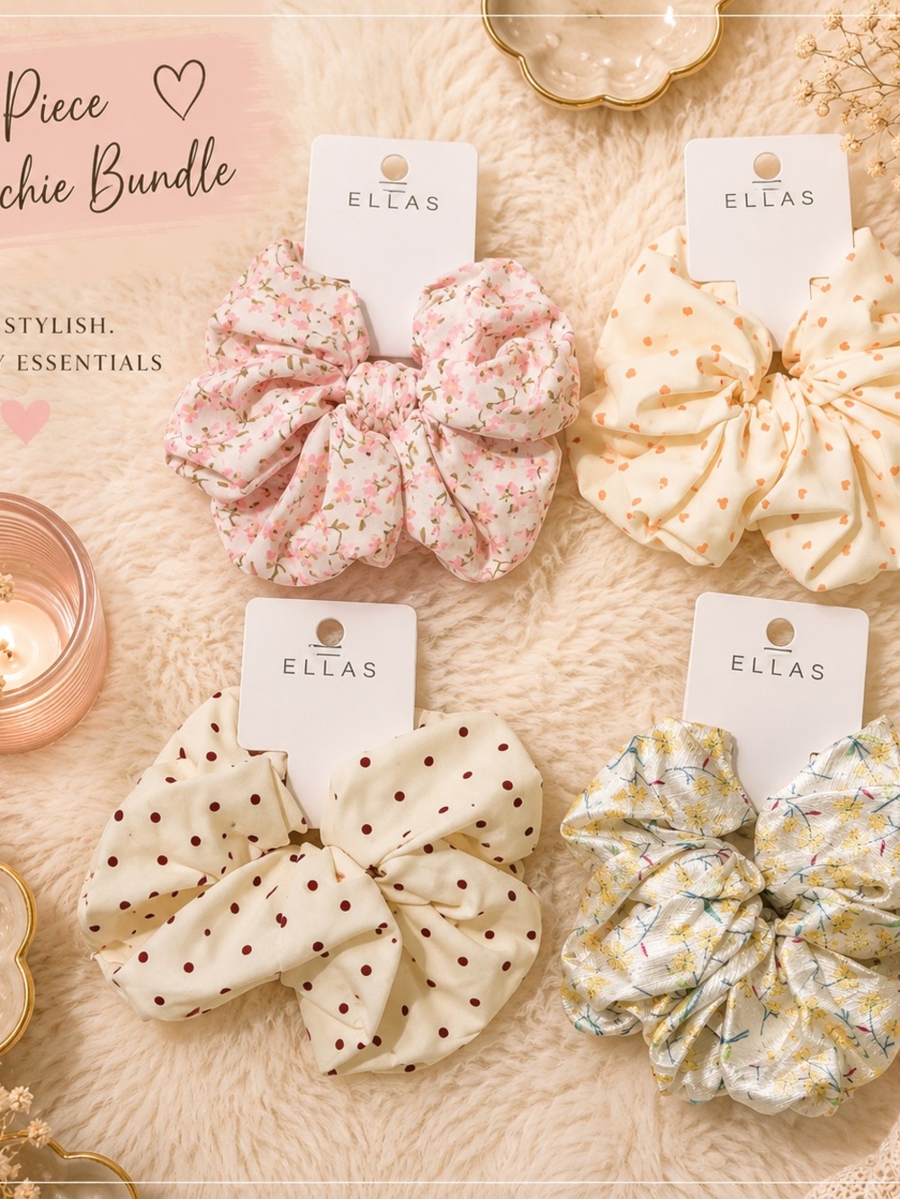 Ella Kids Floral & Polka Dot Scrunchie Set - Pink, Cream, Ivory, Multi